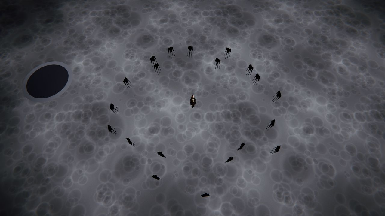 A ring of tall shrouded watchers surrounds a lit camp
